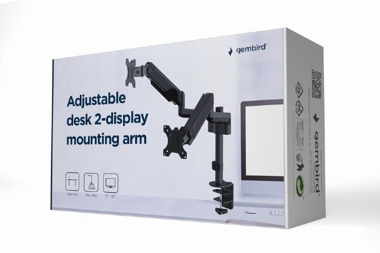 Monitori hoidja Gembird Adjustable Desk 2-display Mounting Arm 17”-32” цена и информация | Monitori kinnitused | hansapost.ee