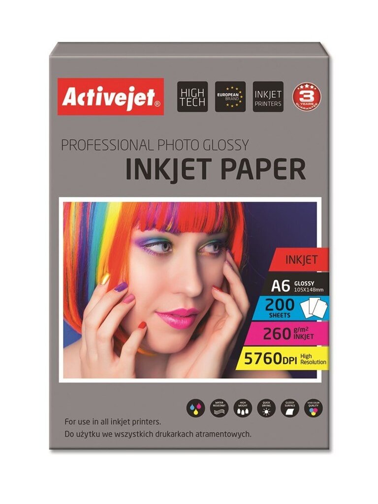 Fotopaber tindiprinteritele Activejet AP6-260GR200, A6, 200 tk hind ja info | Kirjatarvikud | hansapost.ee