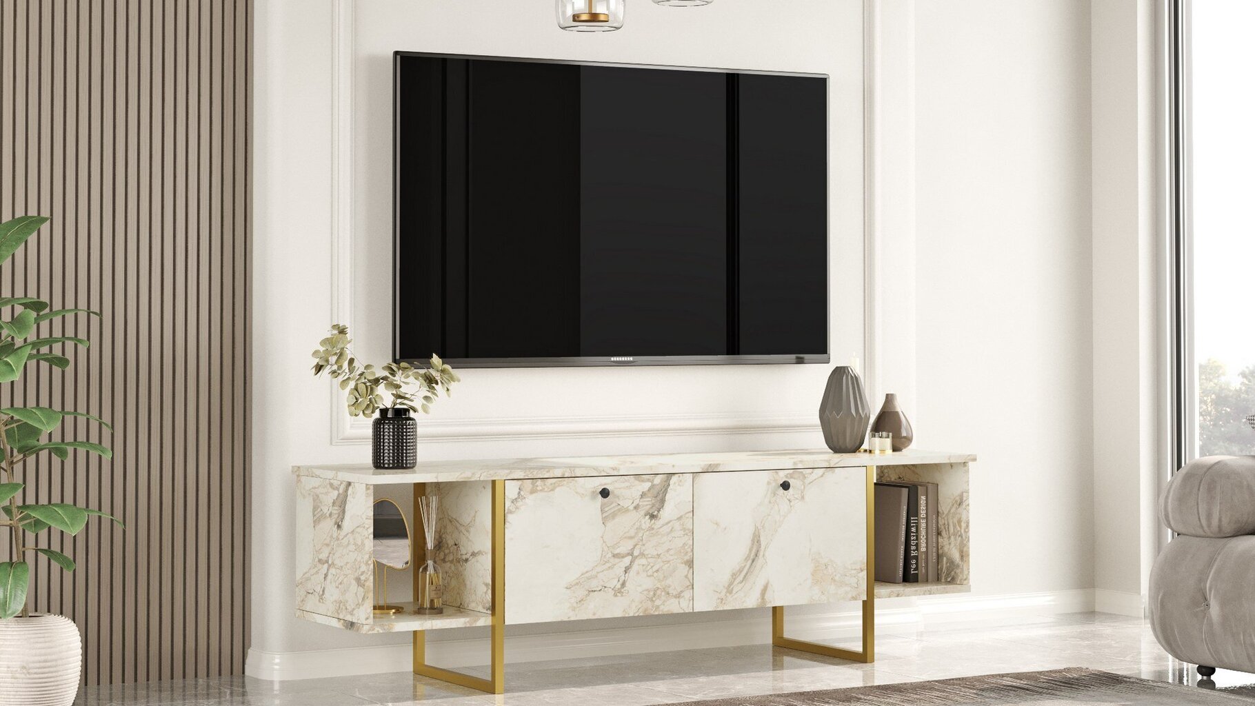TV alus Asir, 160x47,6x40cm, valgekirju/kuldne hind ja info | Televiisori alused | hansapost.ee