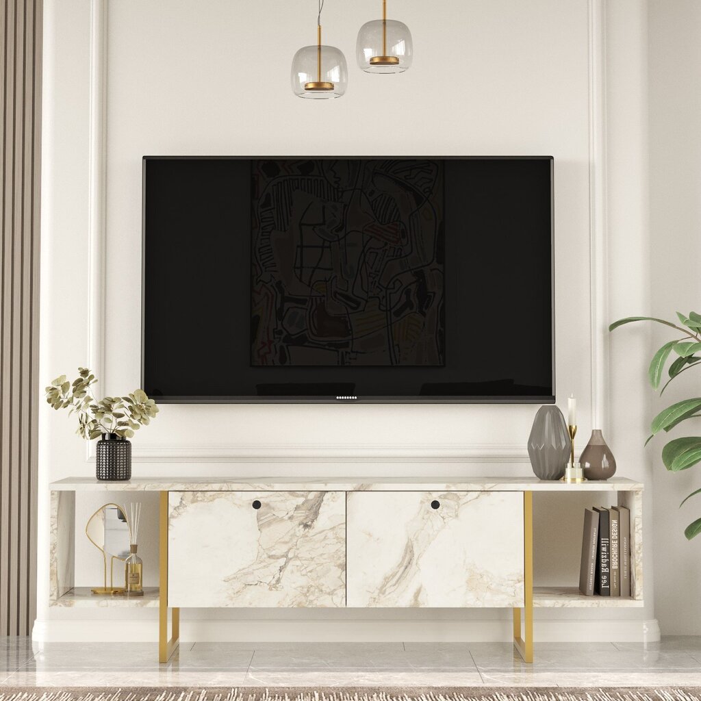 TV alus Asir, 160x47,6x40cm, valgekirju/kuldne цена и информация | Televiisori alused | hansapost.ee