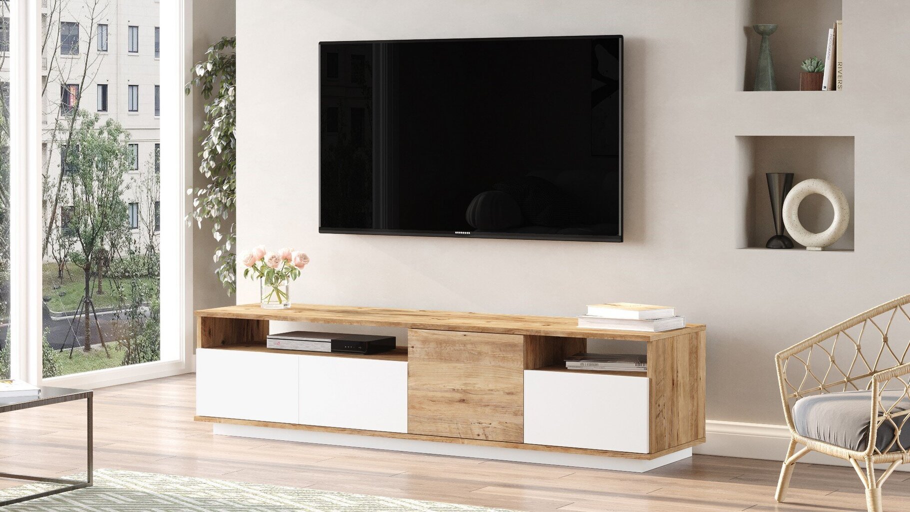 TV alus Asir, 180x44,6x44,5cm, valge/beež hind ja info | Televiisori alused | hansapost.ee