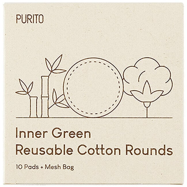 Korduvkasutatavad vatipadjad Purito Inner Green Reusable Cotton Rounds, 10 tk hind ja info | Salvrätikud, vatitikud ja vatipadjad | hansapost.ee