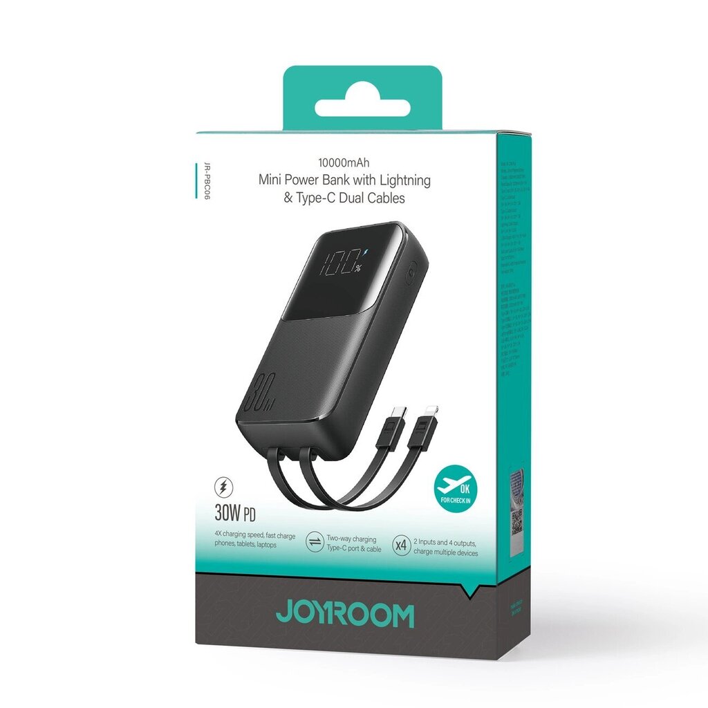 Joyroom powerbank 30W 10000mAh with built-in Lightning and USB-C cables black (JR-PBC06) hind ja info | Akupangad | hansapost.ee