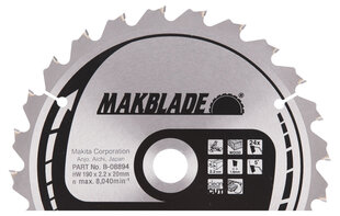 B-08894 TCT Пильный диск MAKBLADE 190X2.2X20mm 5 ° T24 Makita цена и информация | Механические инструменты | hansapost.ee