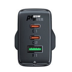 Acefast charger GaN 65W 3 ports (1xUSB, 2xUSB C PD) UK plug black (A44) цена и информация | Зарядные устройства для телефонов | hansapost.ee