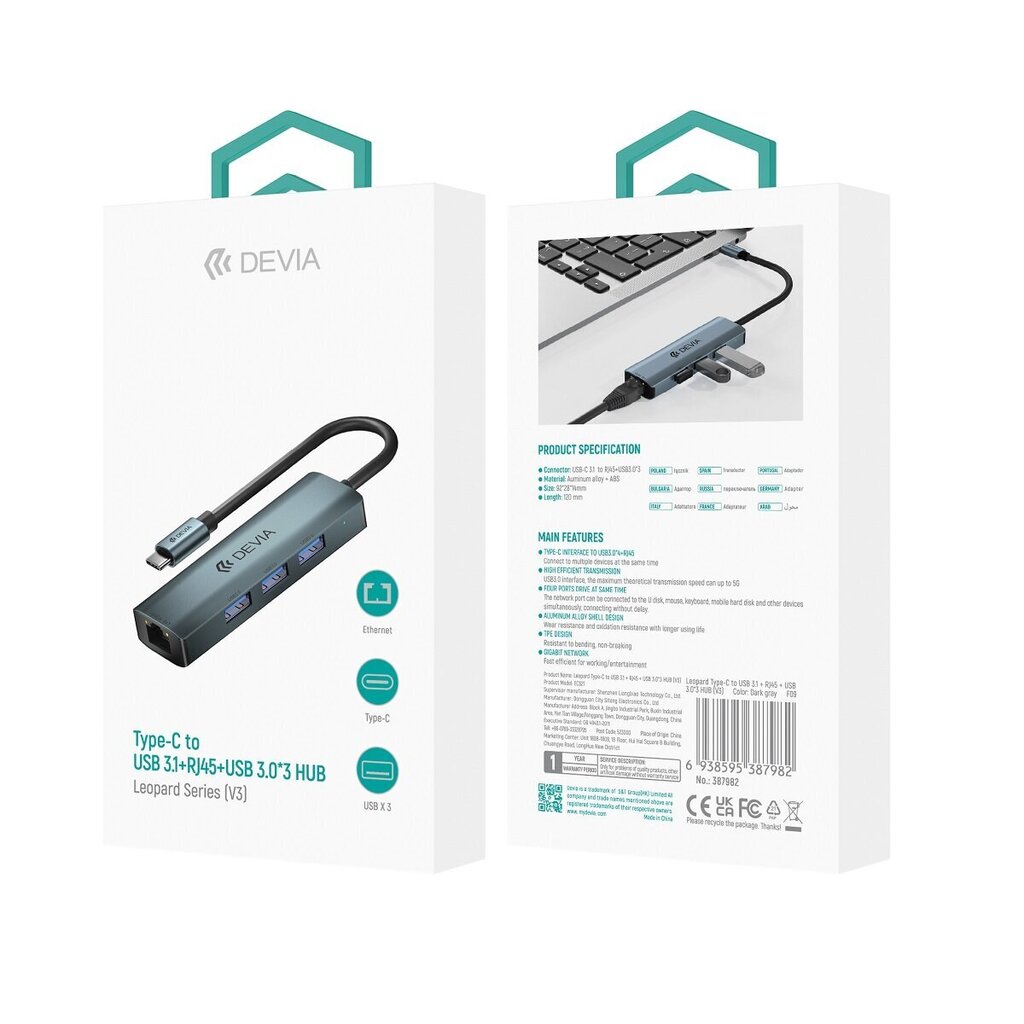 Devia USB-C/4xUSB3.0, 0.1 m hind ja info | Juhtmed ja kaablid | hansapost.ee