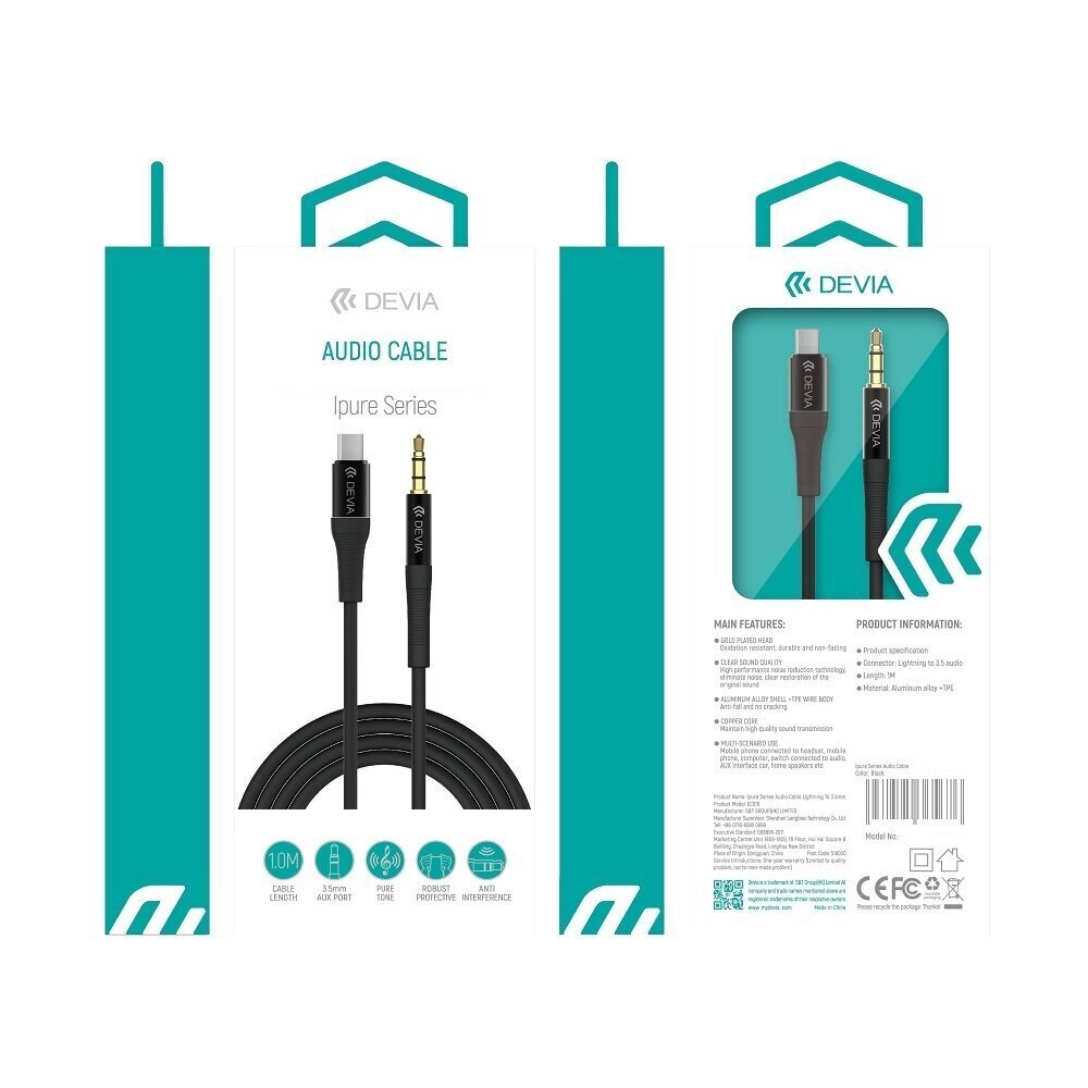 Devia cable Ipure audio jack 3,5 mm - USB-C 1m black цена и информация | Mobiiltelefonide kaablid | hansapost.ee