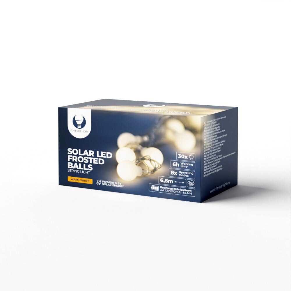 Päikeseenergiaga laetavad tuled LED Frosted Balls SFB61 6,5m Forever Light, 30 kuuli, soe valge toon цена и информация | Jõulutuled | hansapost.ee