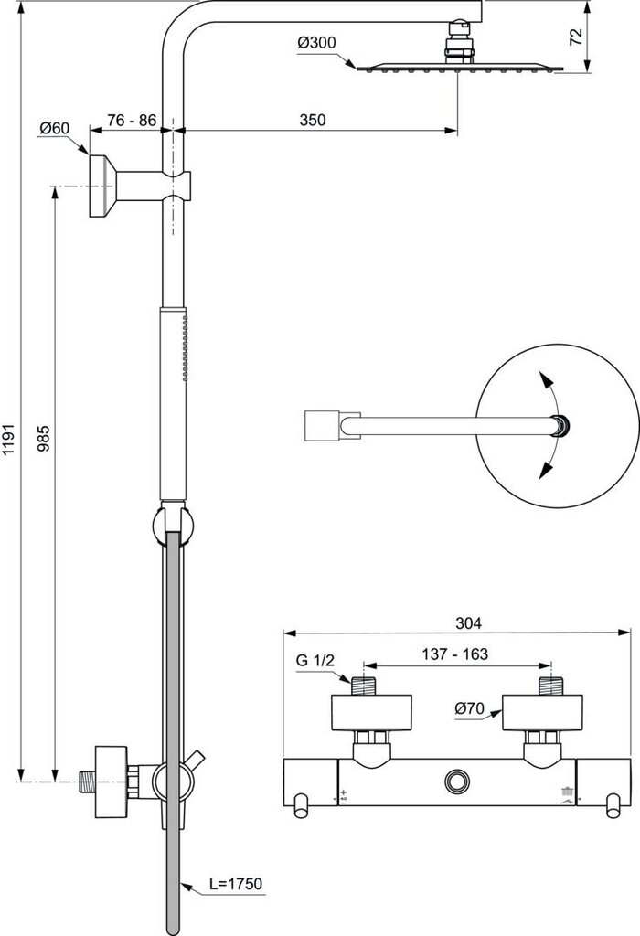 Dušisüsteem Ideal Standard Ceratherm T125, 300mm peaga ja Stick käsidušiga, Brushed Gold цена и информация | Dušikomplektid ja süsteemid | hansapost.ee