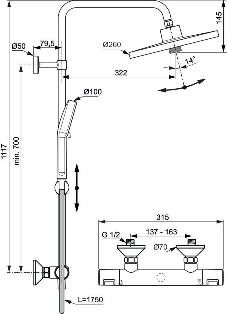 Dušisüsteem Ideal Standard Ceratherm T25+, 260mm peaga ja käsidušiga, Silk Black matt must hind ja info | Dušikomplektid ja süsteemid | hansapost.ee