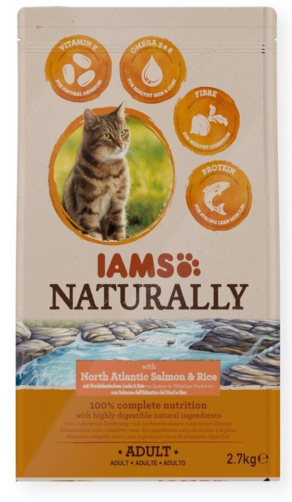 Iams Naturally täiskasvanud kassidele Põhja-Atlandi lõhe ja riisiga, 2.7 kg hind ja info | Kassi kuivtoit ja kassikrõbinad | hansapost.ee