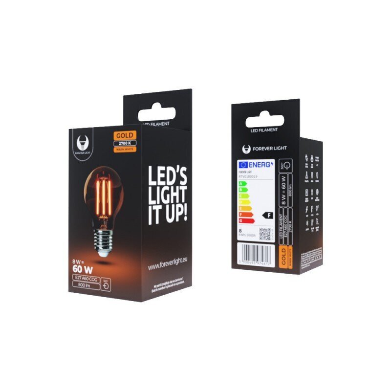 LED pirn Hõõgniit E27 A60 8W 230V 2700K 800lm COG kuldne Forever Light hind ja info | Lambipirnid ja LED-pirnid | hansapost.ee