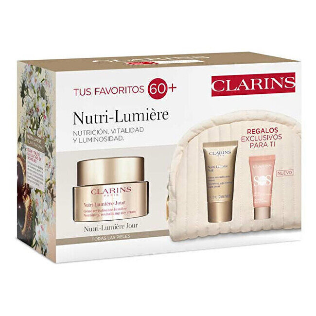 Nutri-Lumière nahka toitev komplekt Komplekt näonahale Clarins Nutri-Lumière: Toitev päevakreem näole, 50 ml + toitev öökreem näole, 15 ml + meigialuskreem Rose SOS Primer, 5 ml + kosmeetikakott hind ja info | Näokreemid | hansapost.ee