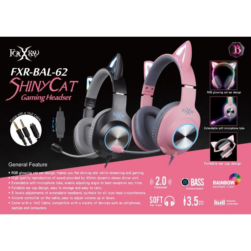 Foxxray ShinyCat Gaming Headset Wired Black/Pink hind ja info | Kõrvaklapid | hansapost.ee
