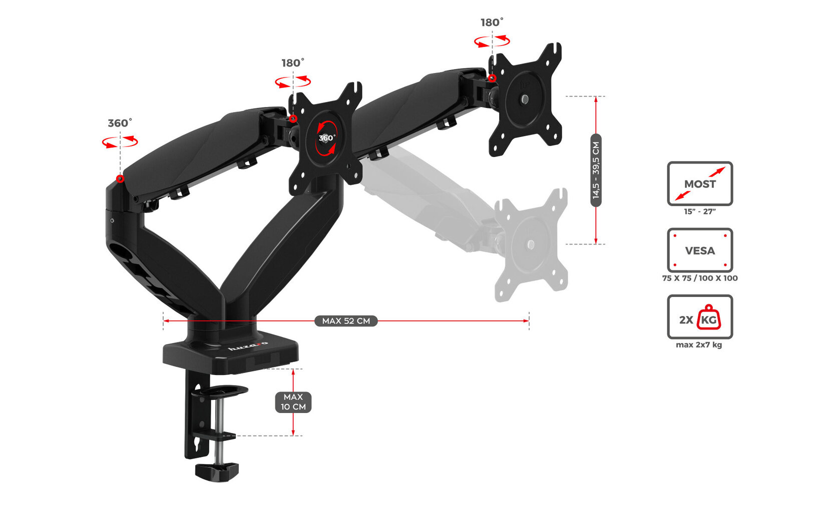 Pöörlev kinnitus kahele monitorile Huzaro Motion 2.2 цена и информация | Monitori kinnitused | hansapost.ee