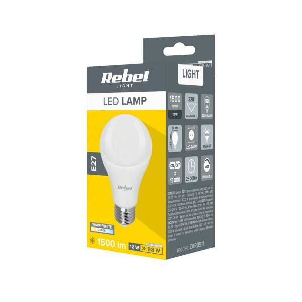 Led "rebel" lamp a60 12w, e27, 3000k, 230v цена и информация | Lambipirnid ja LED-pirnid | hansapost.ee