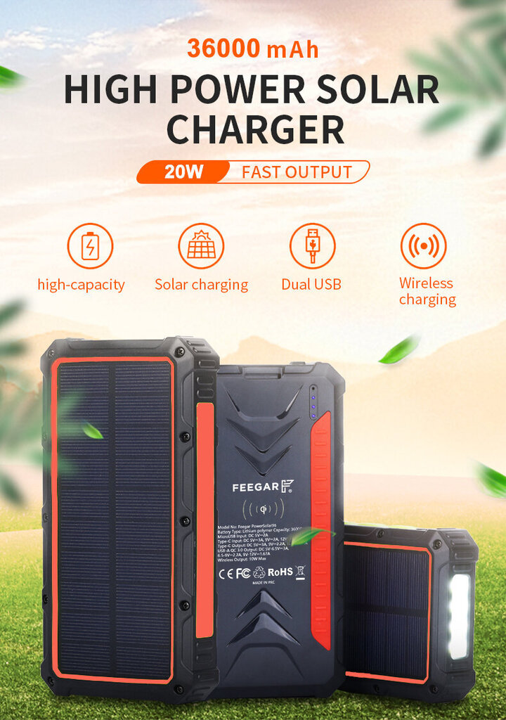 Power Bank Feegar 36000mah 20W 4x USB-C QI Solar Power Bank price and information | Akupangad | hansapost.ee