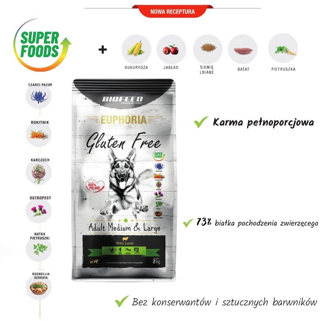 Biofeed Euphoria Gluten Free suurtest ja keskmistest tõugudest täiskasvanud koertele lambalihaga, 12 kg цена и информация | Koerte kuivtoit ja krõbinad | hansapost.ee