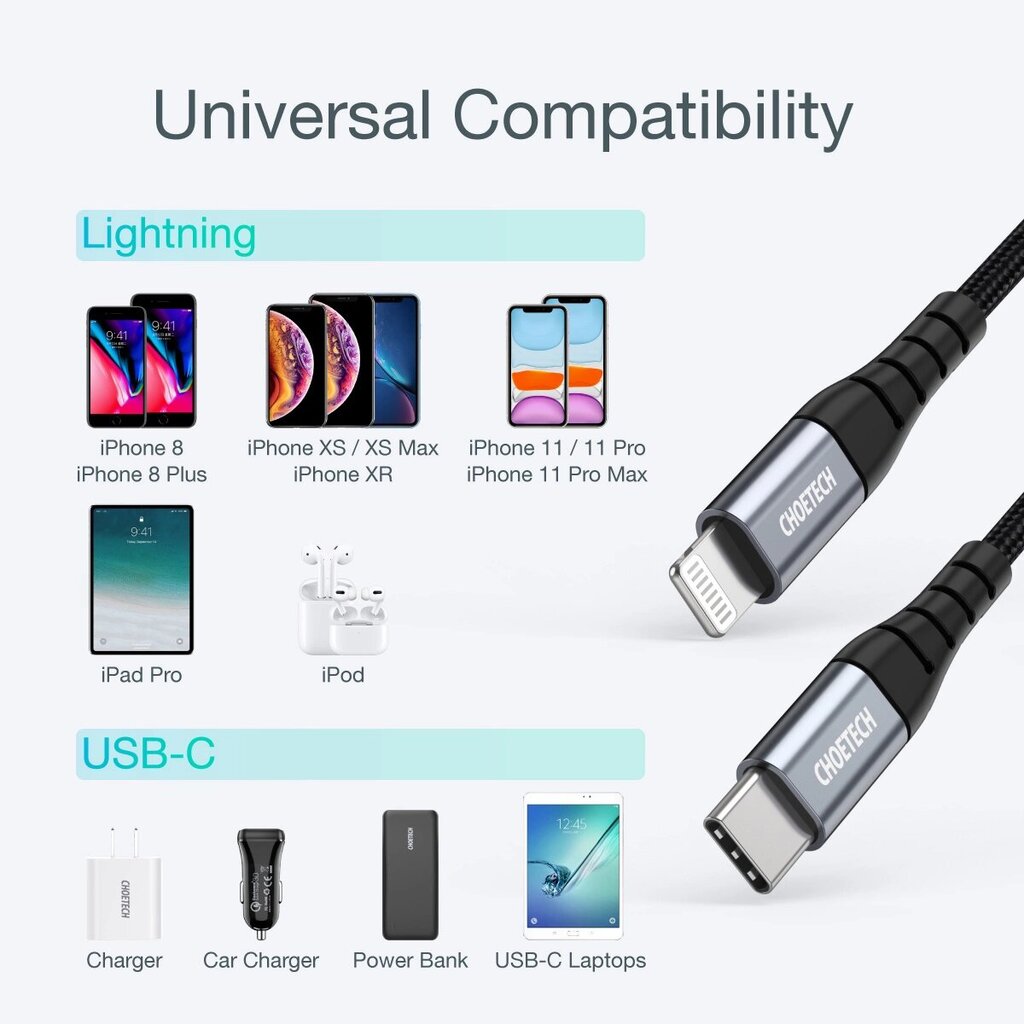 USB-C – Lightning Choetech IP0042 MFi kaabel 480Mb/s 3A 3m – must hind ja info | Mobiiltelefonide kaablid | hansapost.ee