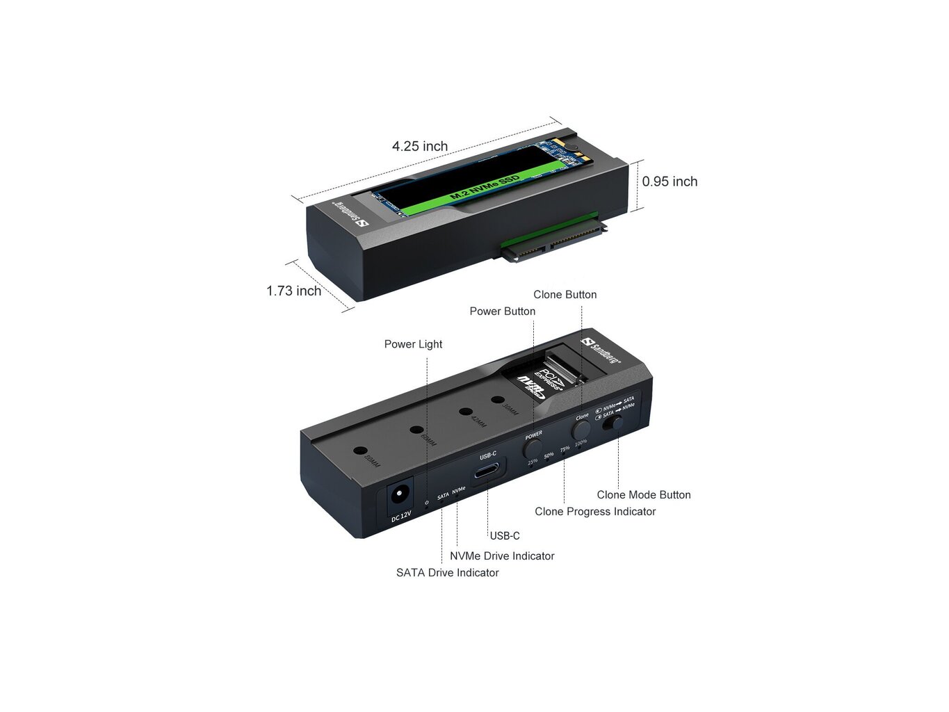 Sandberg 136-49 USB 3.2 Cloner & Dock for M2 + NVMe + SATA hind ja info | USB adapterid ja jagajad | hansapost.ee