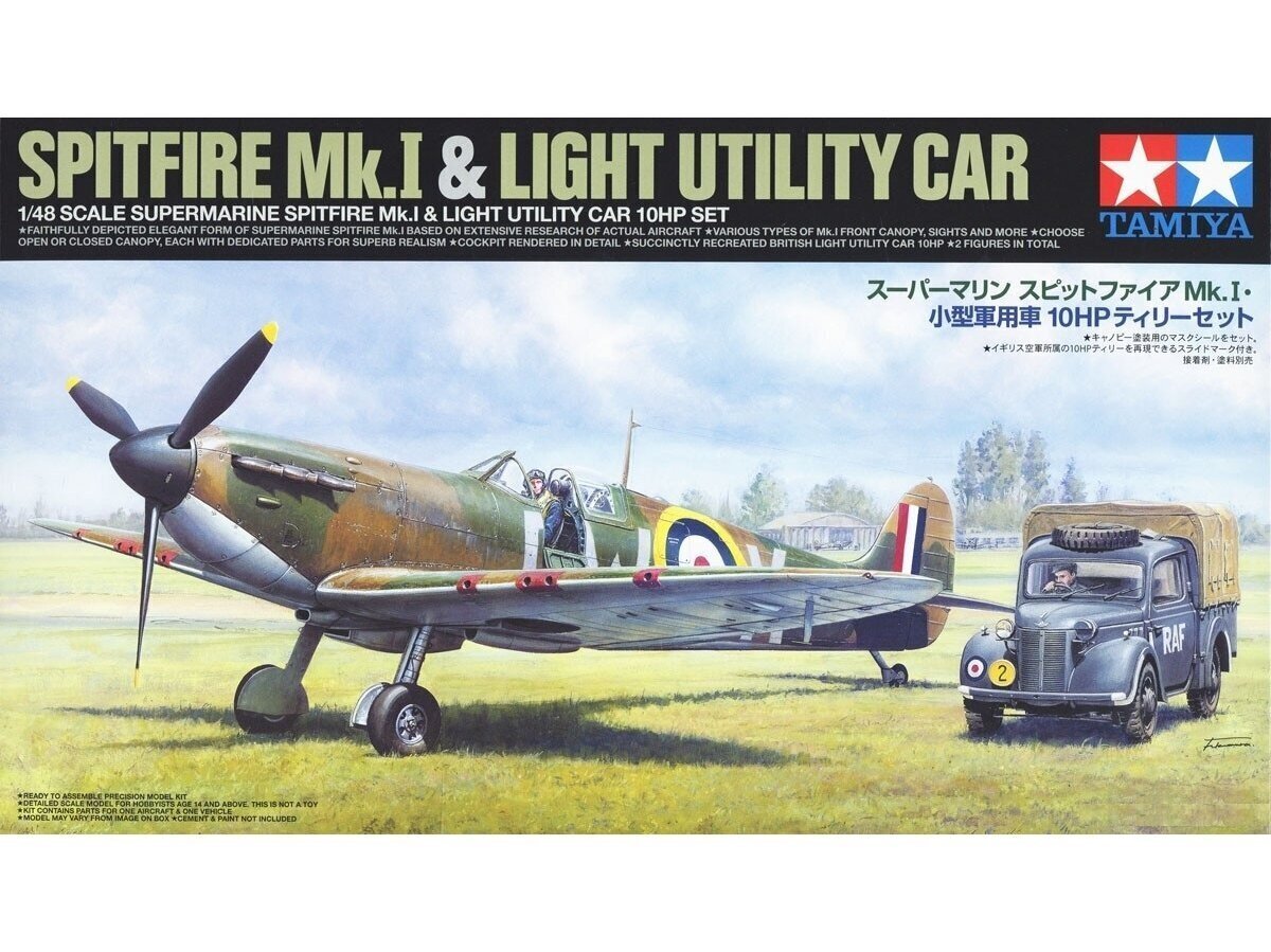 Tamiya Supermarine Spitfire Mk.I & Light Utility Car 10HP Tilly komplekt, 1/48, 25211 цена и информация | Klotsid ja konstruktorid | hansapost.ee