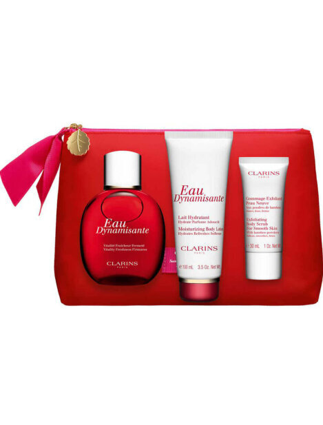 Komplekt Clarins kehahoolduseks: Eau Dynamisante raviv vesi, 100 ml + Eau Dynamisante kehakreem, 100 ml + kehakoorija, 30 ml + kosmeetikakott / käekott hind ja info | Kehakreemid, kehaõlid ja losjoonid | hansapost.ee