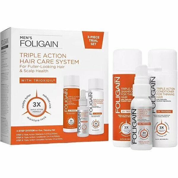 Juuksehoolduskomplekt Foligain Complete System Men Triple Action meestele: šampoon, 100 ml + palsam, 100 ml + sprei, 30 ml hind ja info | Juuksemaskid, õlid ja seerumid | hansapost.ee