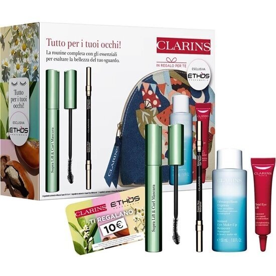 Kosmeetikakomplekt Clarins Supra Lift&amp;Curl: ripsmetušš, 8 ml + silmapliiats, 1,2 g + meigieemaldaja silmadele, 50 ml + silmaümbruskreem, 7 ml + kosmeetikakott hind ja info | Lauvärvid, ripsmetušid ja silmapliiatsid | hansapost.ee