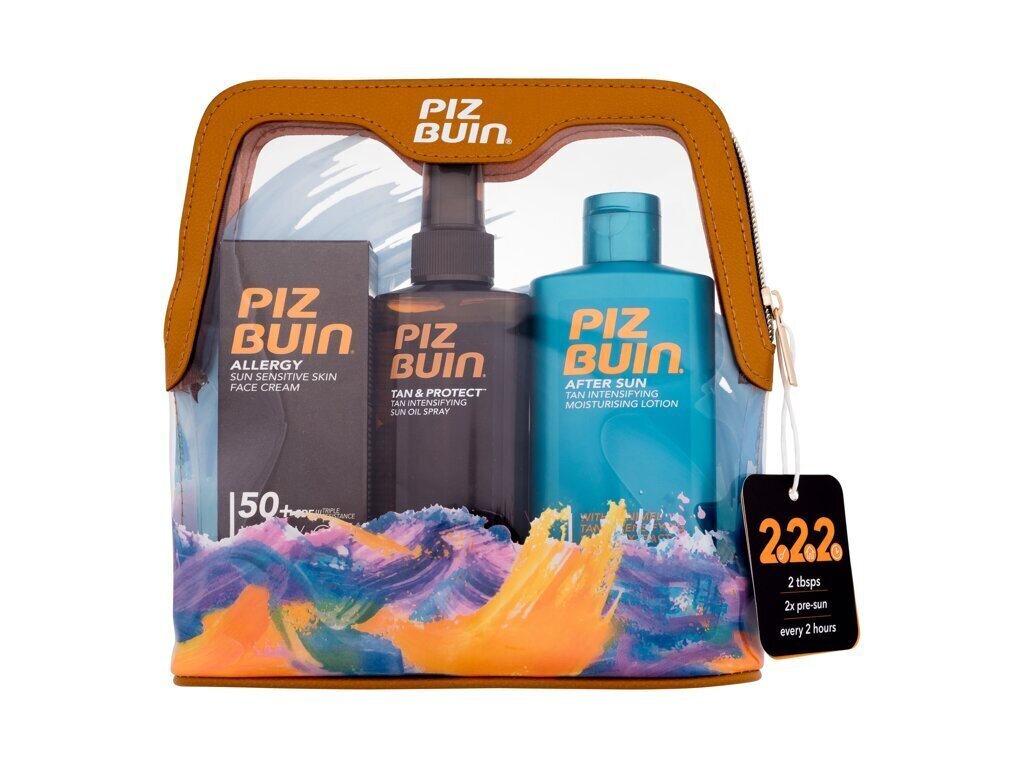 Päikesekaitse reisikomplekt Piz Buin: päikesekaitse sprei SPF30, 150 ml + päikesekaitsekreem näole SPF50, 50 ml + päevitusjärgne losjoon, 200 ml + kosmeetikakott цена и информация | Päikesekaitse ja päevitusjärgsed kreemid | hansapost.ee