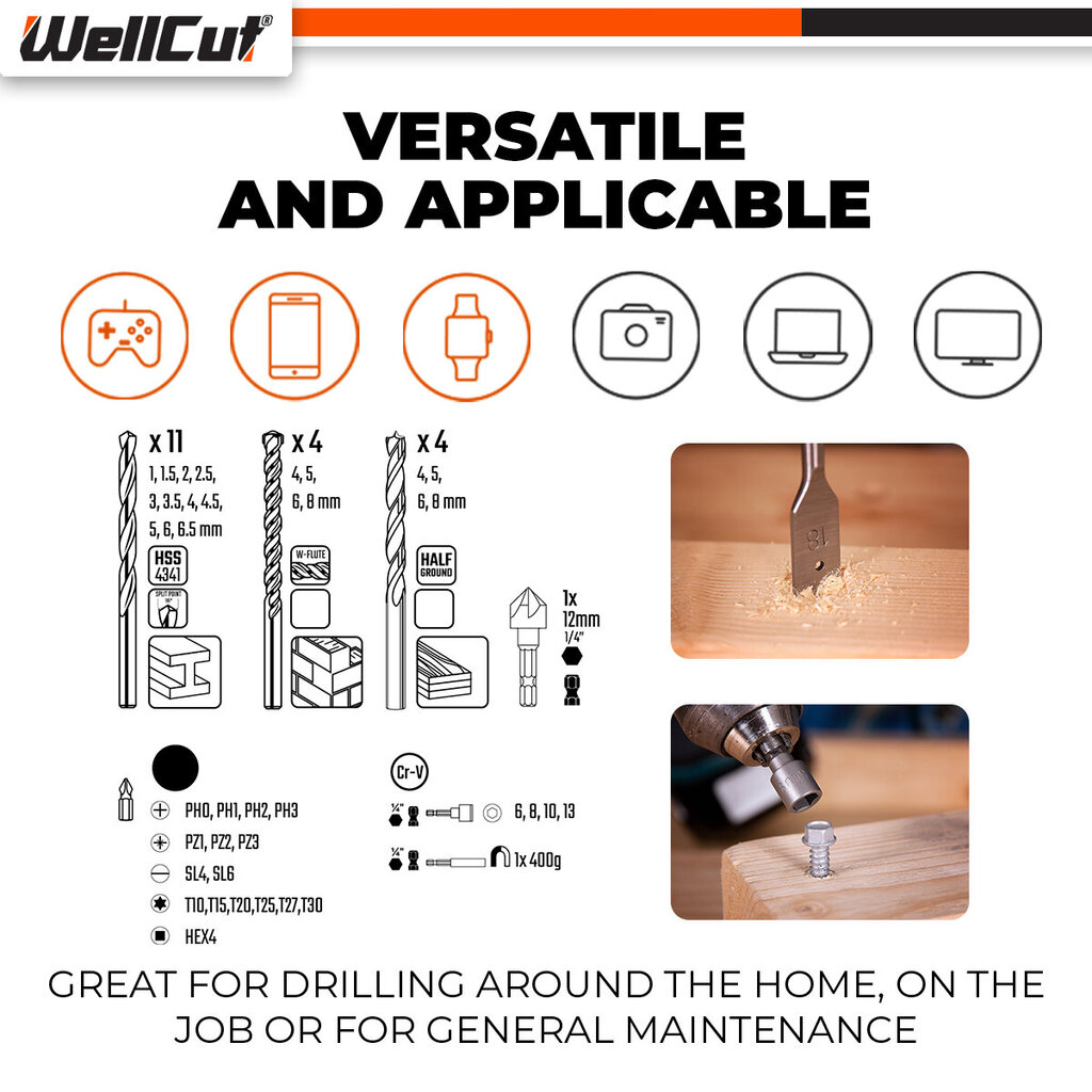 Puuride ja keerdotsikute komplekt, 41 tk. UK BRAND, WellCut® WC-DB41U hind ja info | Käsitööriistad | hansapost.ee