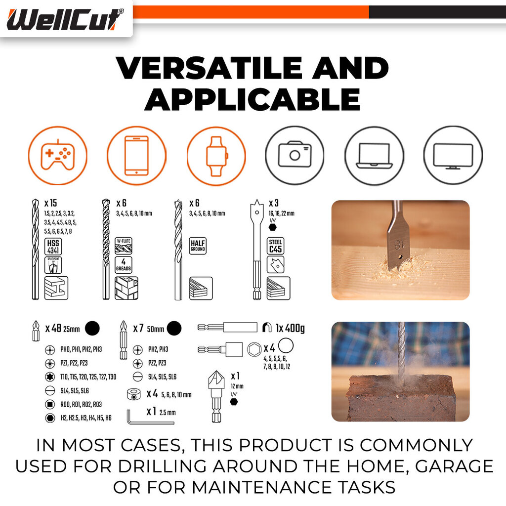 Puuride ja keerdotsikute komplekt, 101 tk. UK BRAND, WellCut® WC-DB101U hind ja info | Käsitööriistad | hansapost.ee