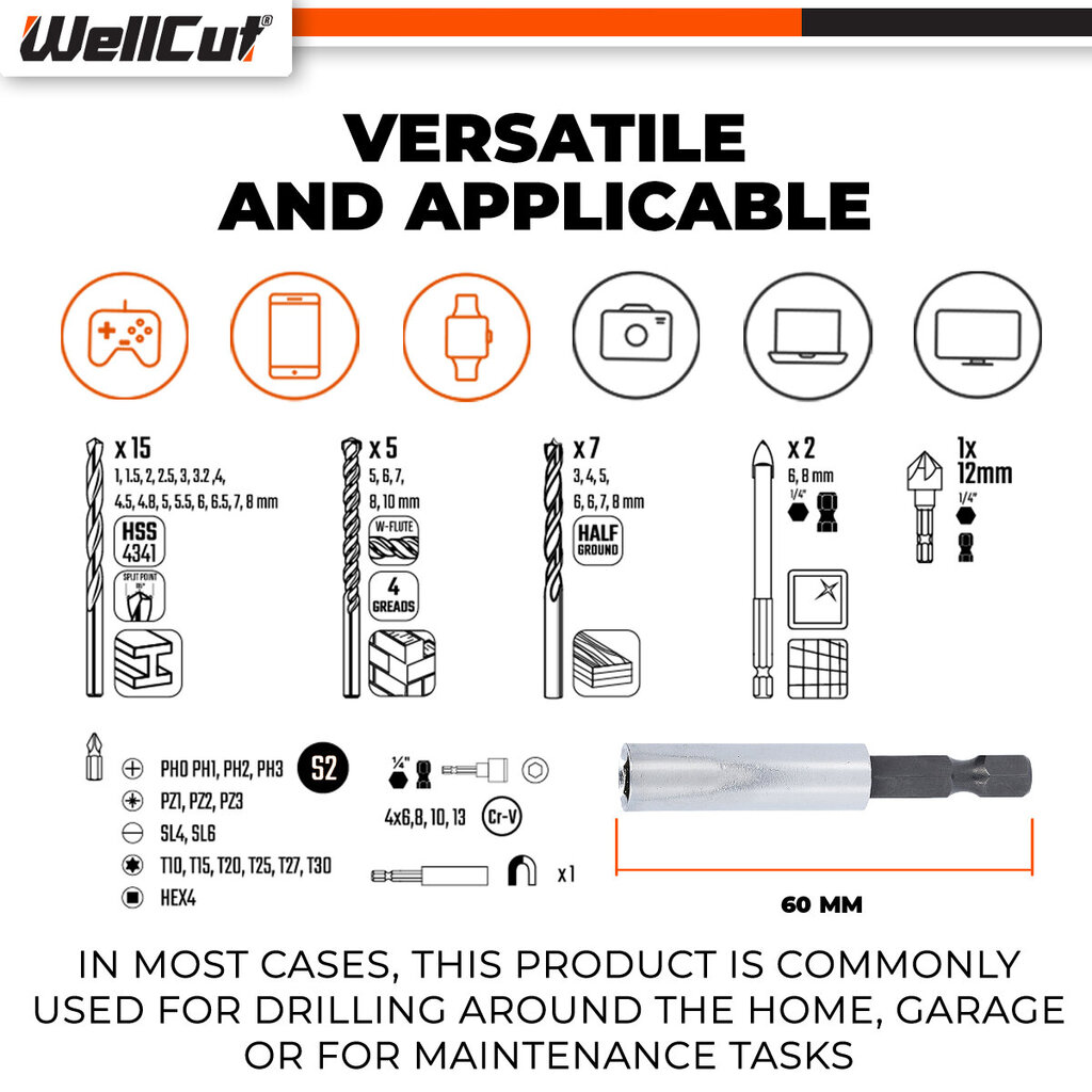 Puuride ja keerdotsikute komplekt 51 tk. UK BRAND, WellCut® WC-DB51U цена и информация | Käsitööriistad | hansapost.ee