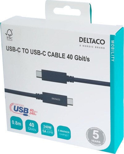 Deltaco USB4 gen3/USB-C - USB-C/5A EPR, 0.8 m hind ja info | Juhtmed ja kaablid | hansapost.ee