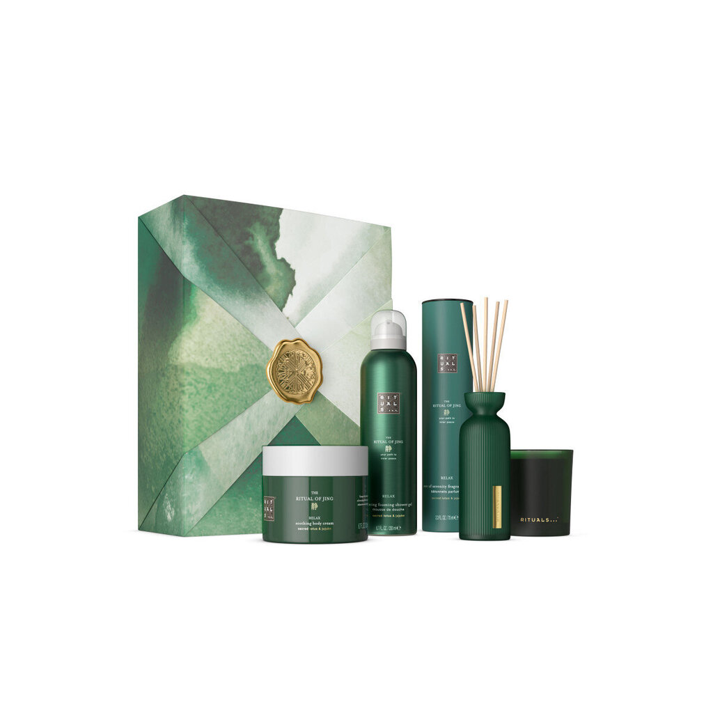 Rituals The Ritual Of Jing Gift Set: kehakreem, 200 ml + dušigeel, 200 ml + pulkadega kodulõhnastaja + küünal цена и информация | Kehakreemid, kehaõlid ja losjoonid | hansapost.ee