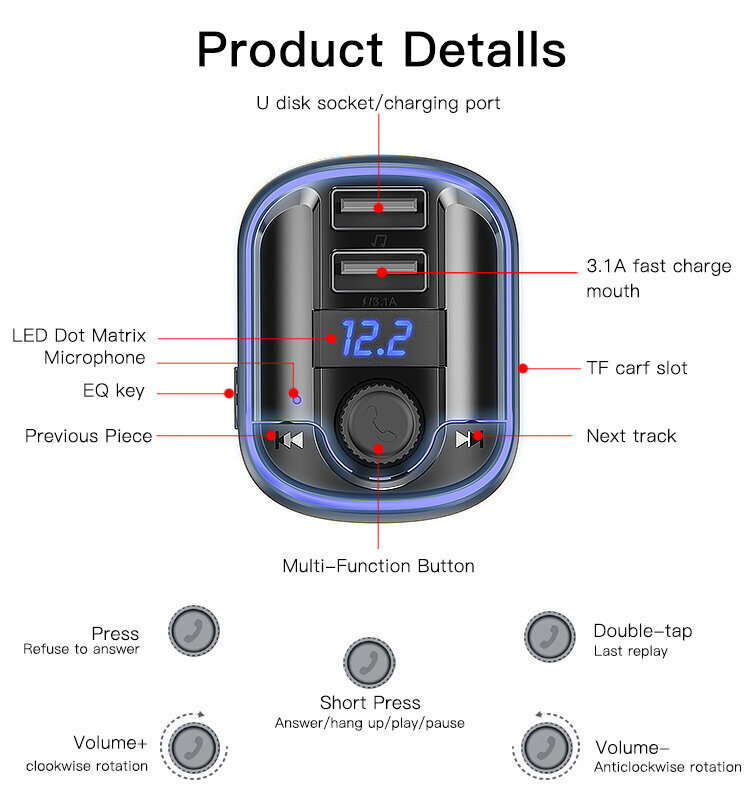 Yesido Y44 Bluetooth 5.0 FM / MP3 Edastaja & Auto Laadija 2x USB 3.1A + Micro SD Must цена и информация | FM trasmitterid ja modulaatorid | hansapost.ee