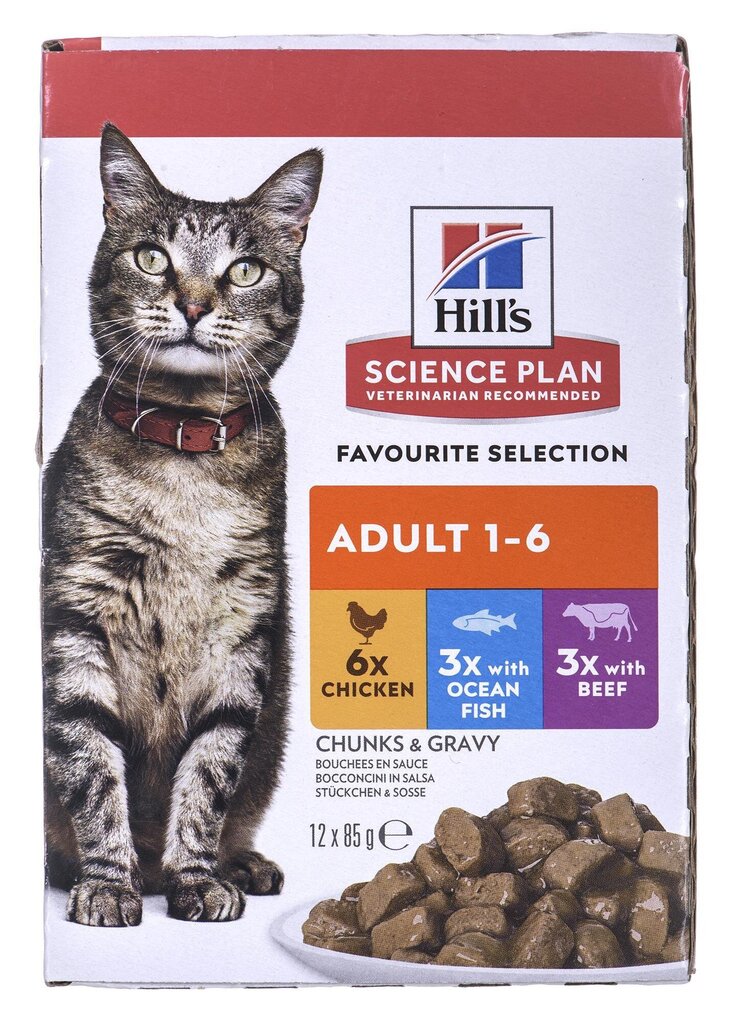Hill's Science Plan täiskasvanud kassidele koos kana, kala, veiselihaga, 12x85 g hind ja info | Kassikonservid | hansapost.ee