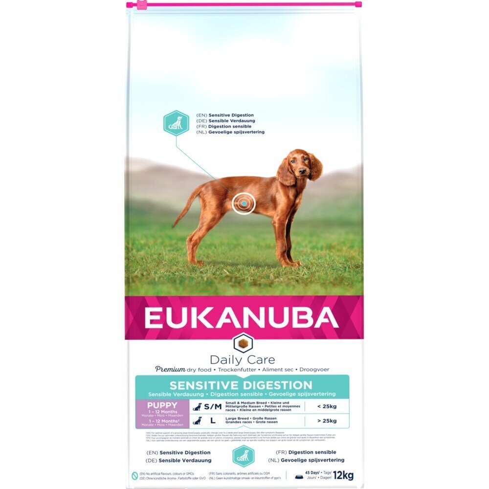 Eukanuba Daily Care Puppy Sensitive Digestion kana ja riisiga, 12 kg hind ja info | Koerte kuivtoit ja krõbinad | hansapost.ee