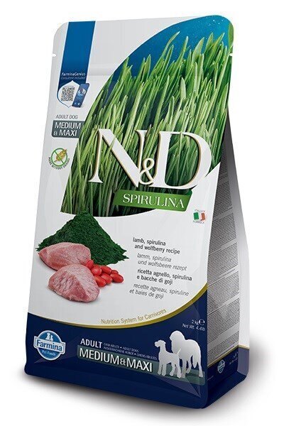 Farmina N&D Spirulina Adult Medium/Maxi lambalihaga, 2 kg hind ja info | Koerte kuivtoit ja krõbinad | hansapost.ee