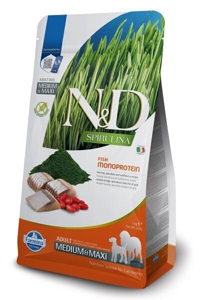 Farmina N&D Spirulina Adult Med/Maxi heeringaga, 2 kg hind ja info | Koerte kuivtoit ja krõbinad | hansapost.ee