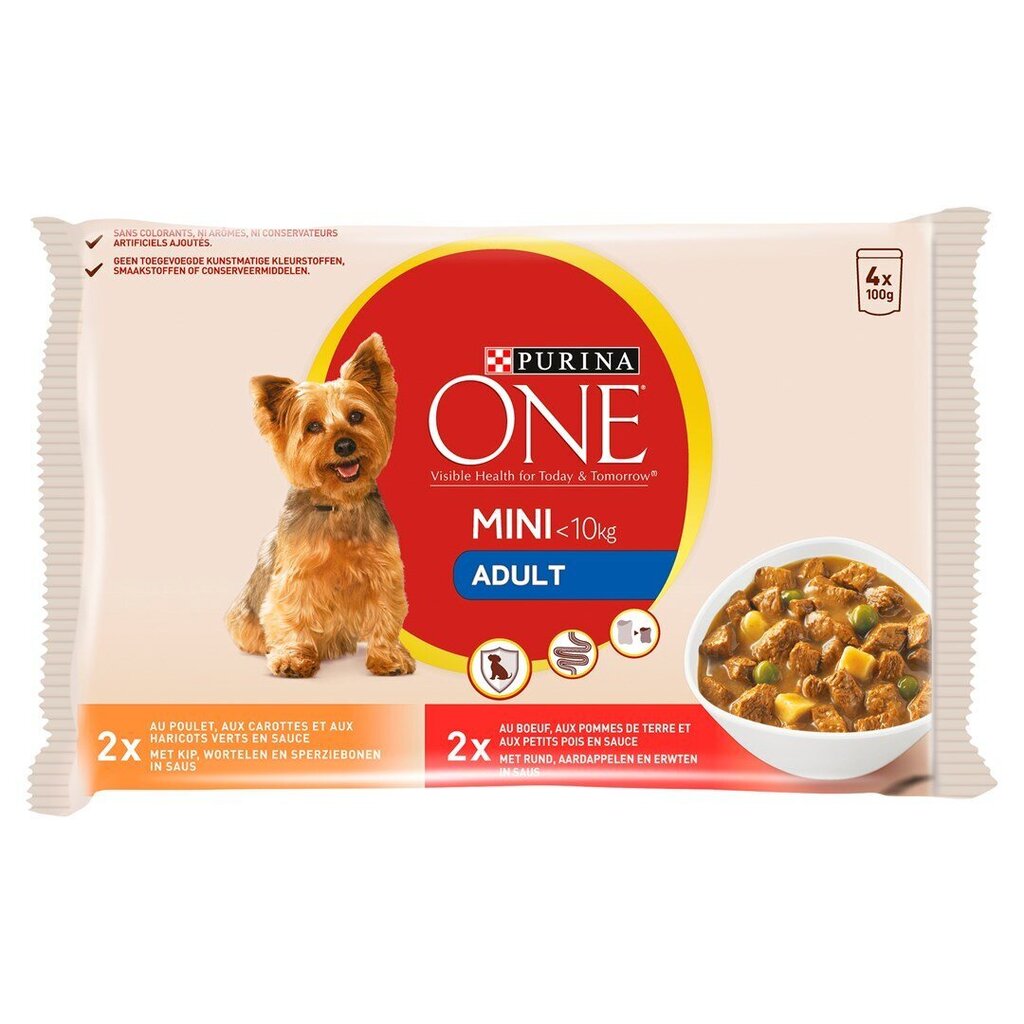 Purina One täiskasvanud väikestest tõugudest koertele veise- ja kanalihaga, 4x100 g hind ja info | Koerakonservid | hansapost.ee