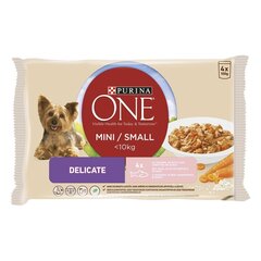 PURINA ONE мокрый корм для собак до 10 кг с лососем, рисом и морковью в соусе 4 пакетика по 100 грамм цена и информация | Консервы для собак | hansapost.ee