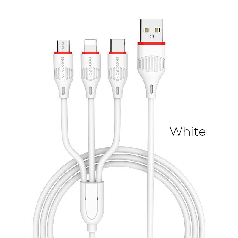 Laadimisjuhe Borofone BX17 3in1 microUSB-Lightning-Type-C, valge hind ja info | Mobiiltelefonide kaablid | hansapost.ee